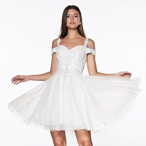 NEW OFF WHITE OFF SHOULDER LACE A-LINE DRESS WITH LACED UP BACK & STRAPS CD0132